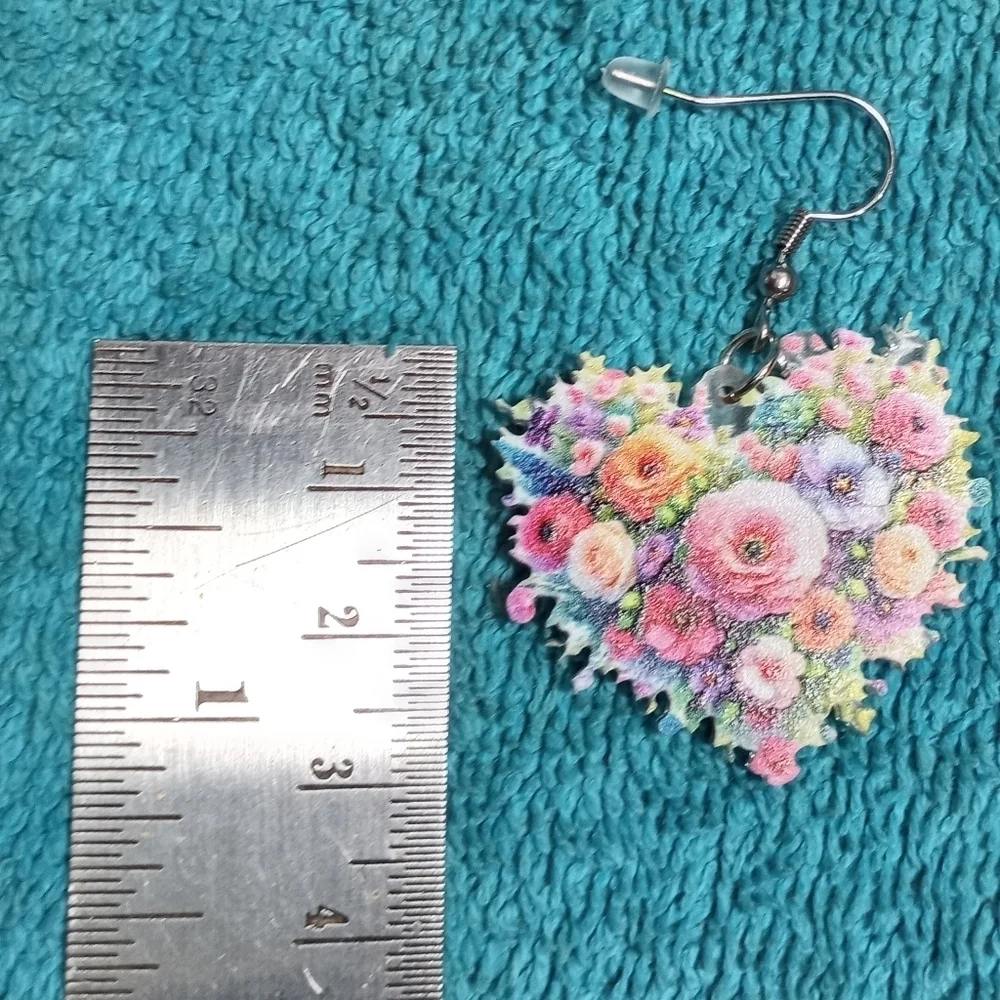 Floral Dangle Wire Heart Earrings Colorful Multicolor Flower